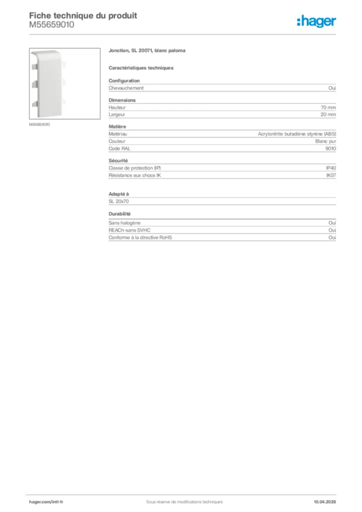 Image Hager Fiche technique du produit M55659010 | Hager Afrique