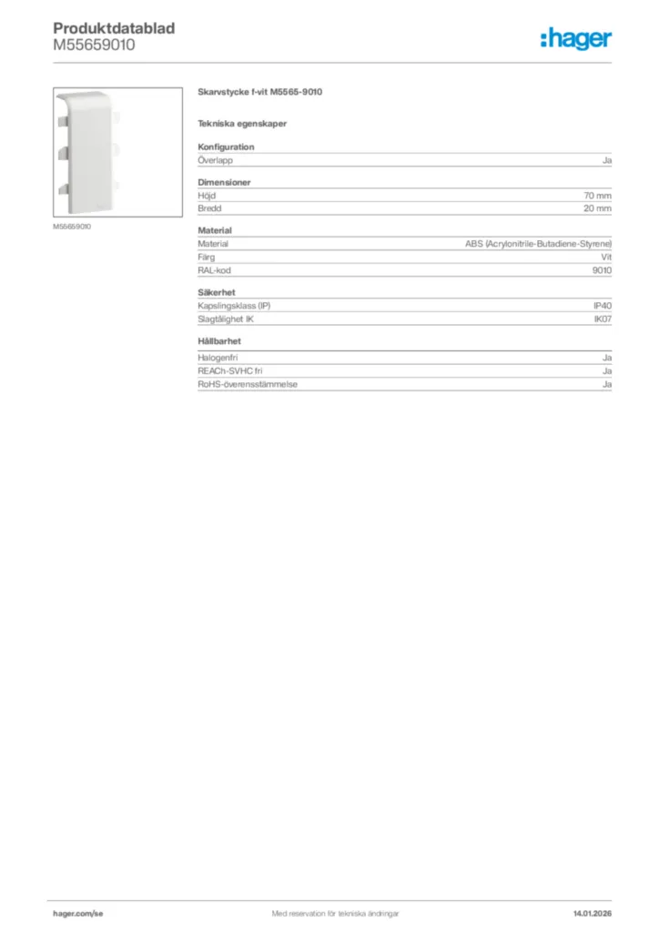 Bild Hager Produktdatablad M55659010 | Hager Sverige
