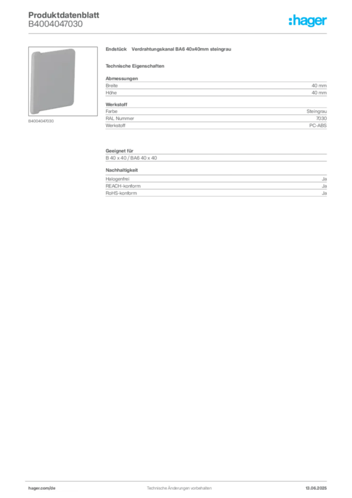 Hager Produktdatenblatt B4004047030
