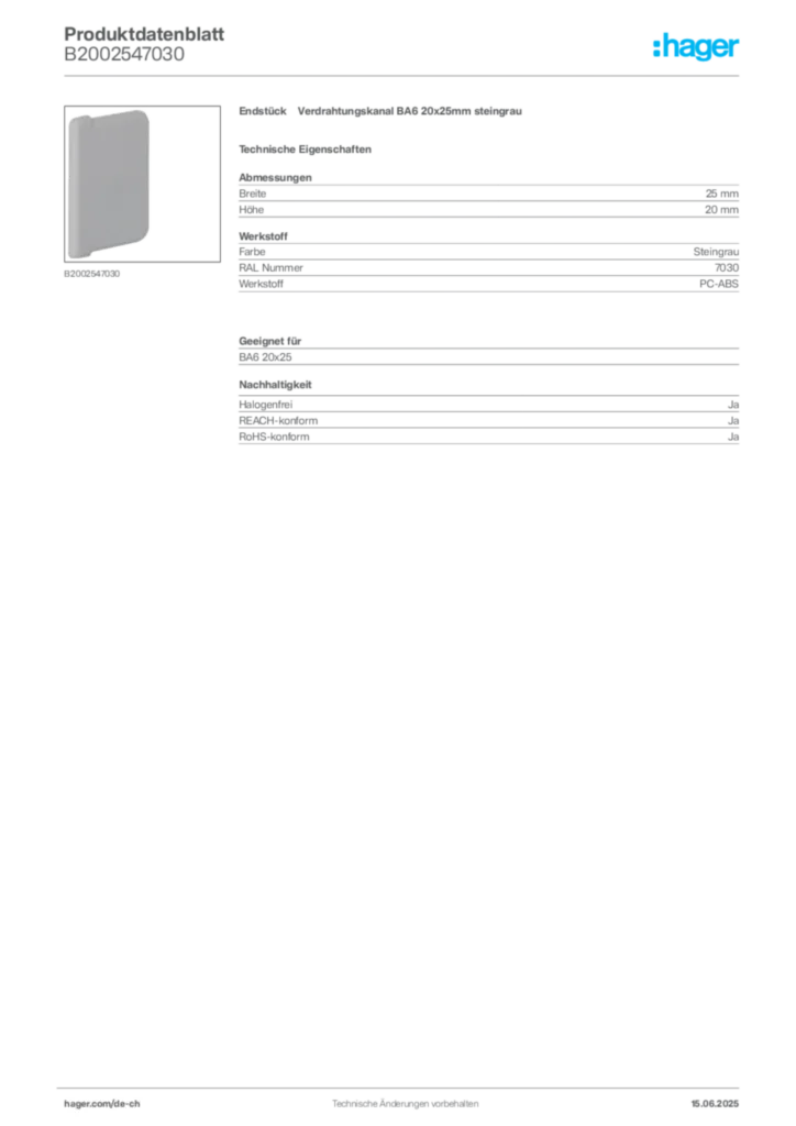 Bild Hager Produktdatenblatt B2002547030 | Hager Schweiz