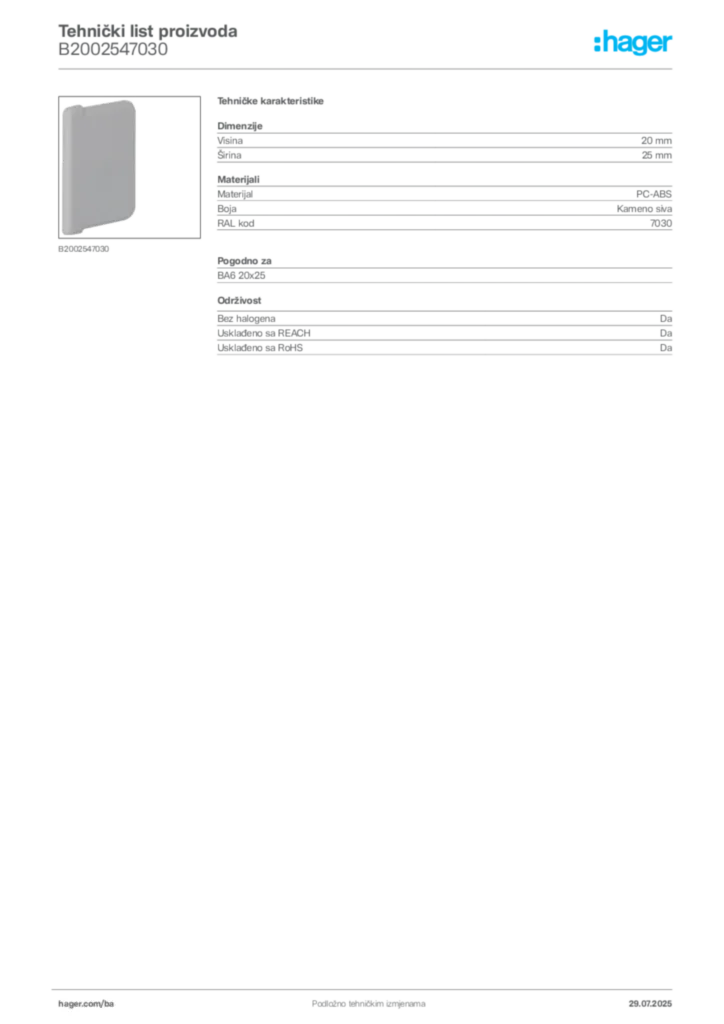 Slika Hager Product data sheet B2002547030  | Hager