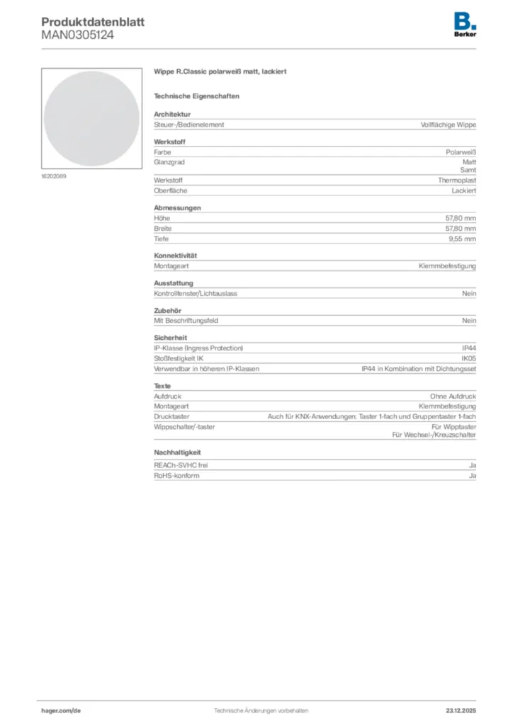 Bild Berker Produktdatenblatt MAN0305124 | Hager Deutschland