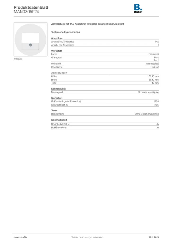 Bild Berker Produktdatenblatt MAN0305924 | Hager Deutschland