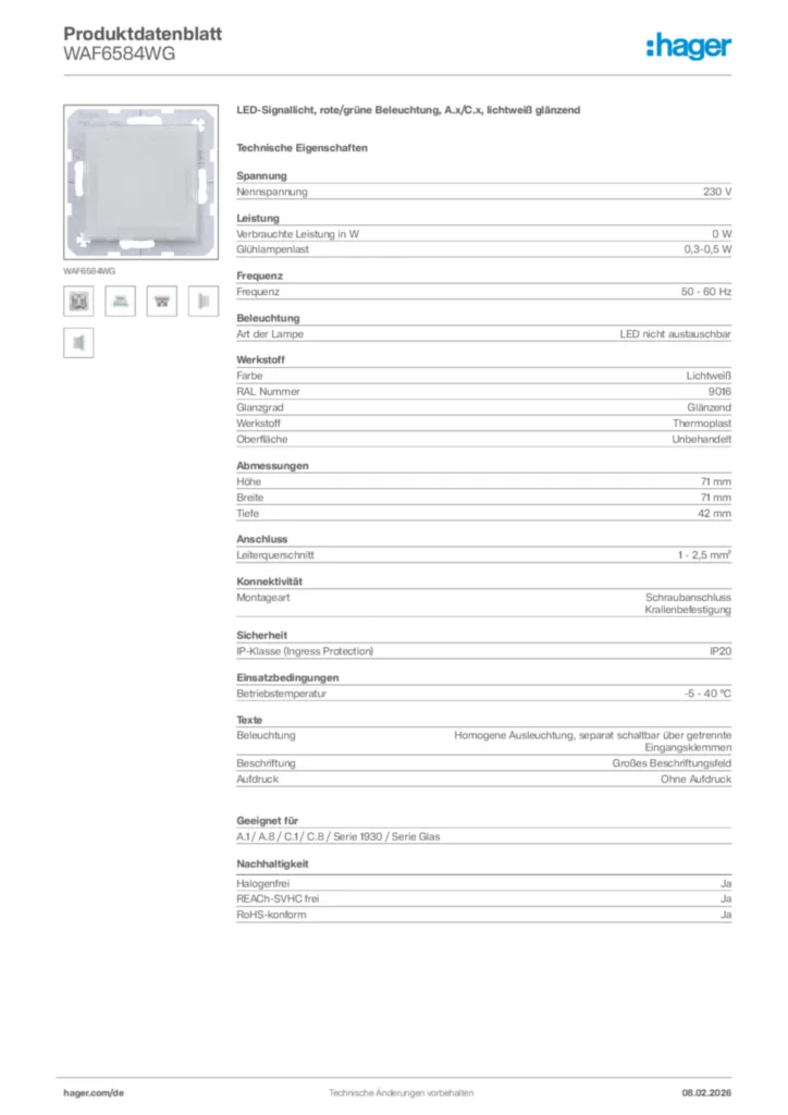 Bild Hager Produktdatenblatt WAF6584WG | Hager Deutschland