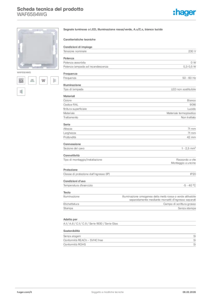 Immagine Hager Scheda tecnica del prodotto WAF6584WG | Hager Italia