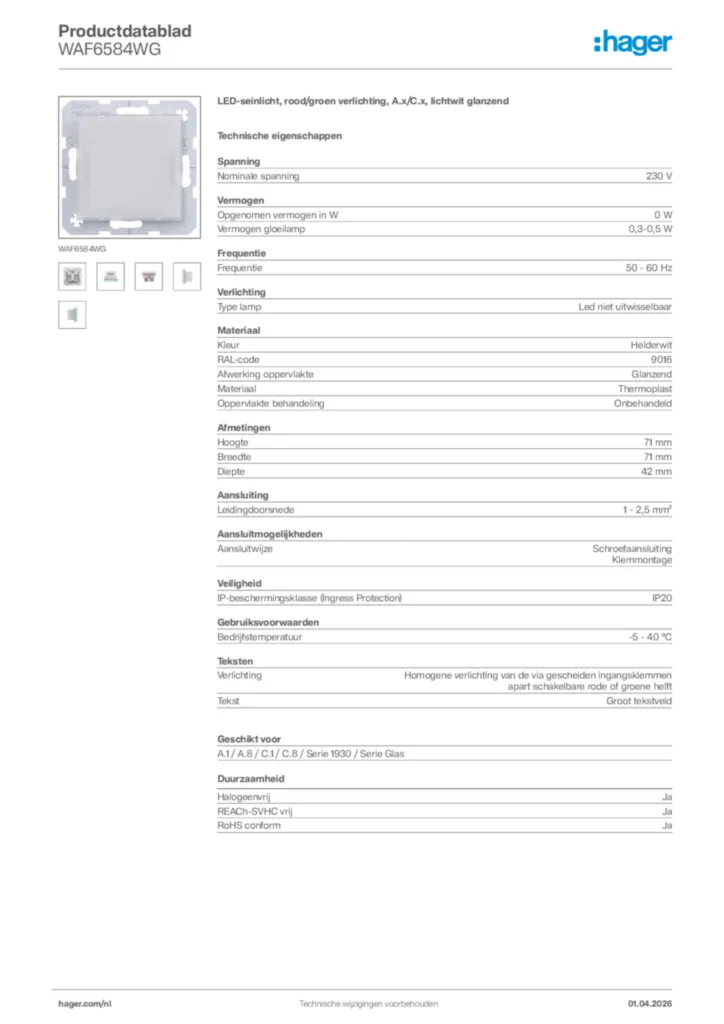 Afbeelding Hager Productdatablad WAF6584WG | Hager Nederland