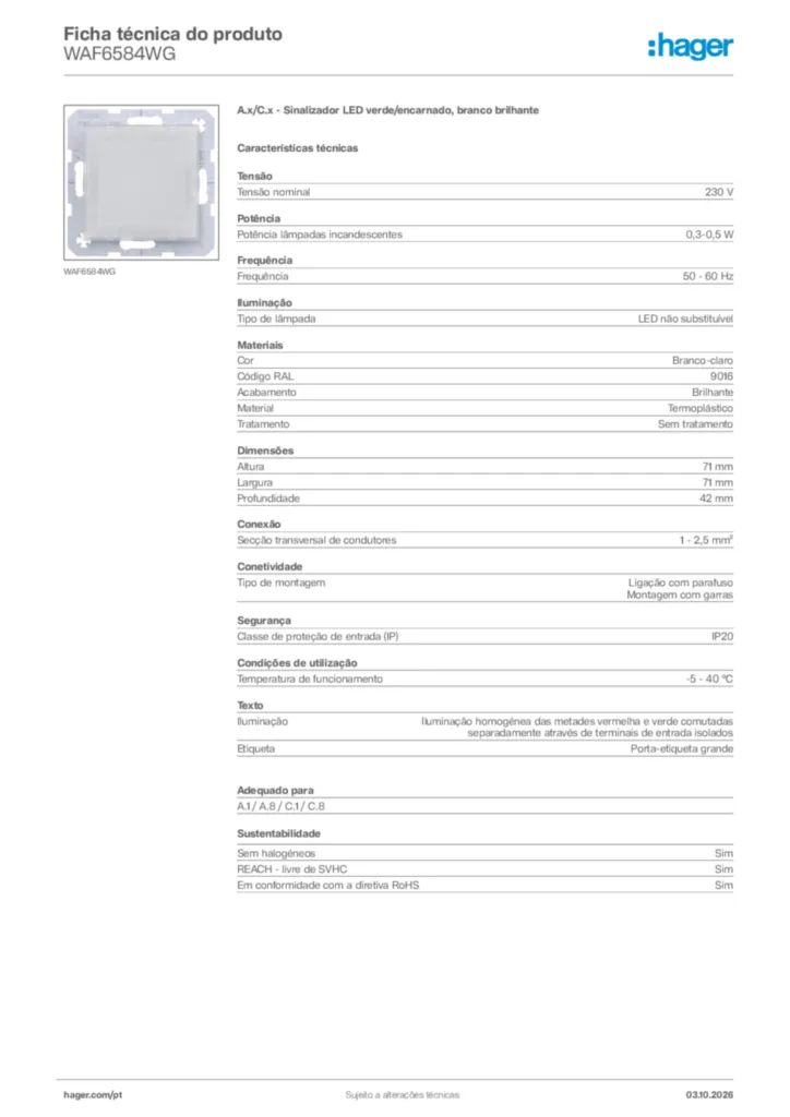 Imagem Hager Ficha técnica do produto WAF6584WG | Hager Portugal