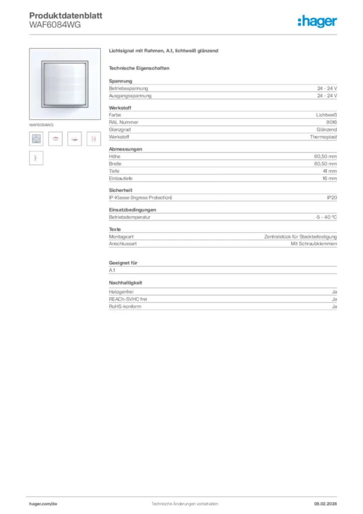 Bild Hager Produktdatenblatt WAF6084WG | Hager Deutschland