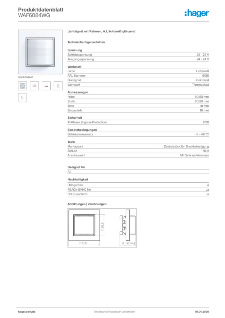 Bild Hager Produktdatenblatt WAF6084WG | Hager Deutschland