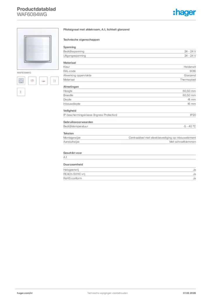 Afbeelding Hager Productdatablad WAF6084WG | Hager Nederland