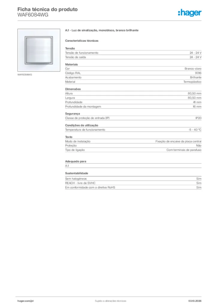 Imagem Hager Ficha técnica do produto WAF6084WG | Hager Portugal