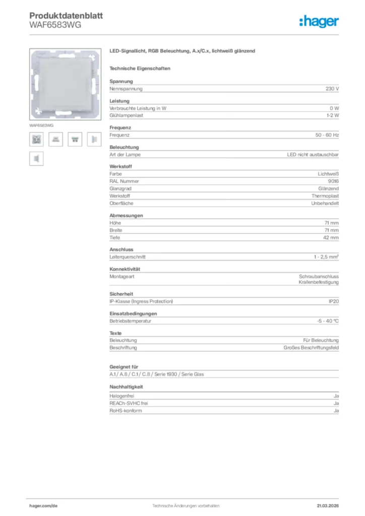 Bild Hager Produktdatenblatt WAF6583WG | Hager Deutschland