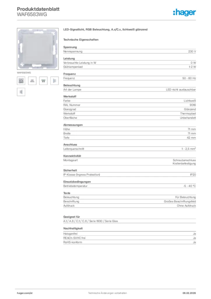Bild Hager Produktdatenblatt WAF6583WG | Hager Deutschland