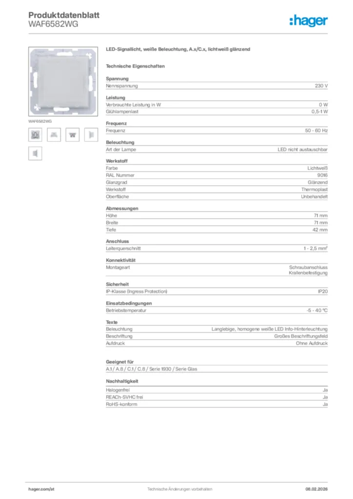 Bild Hager Produktdatenblatt WAF6582WG | Hager Deutschland