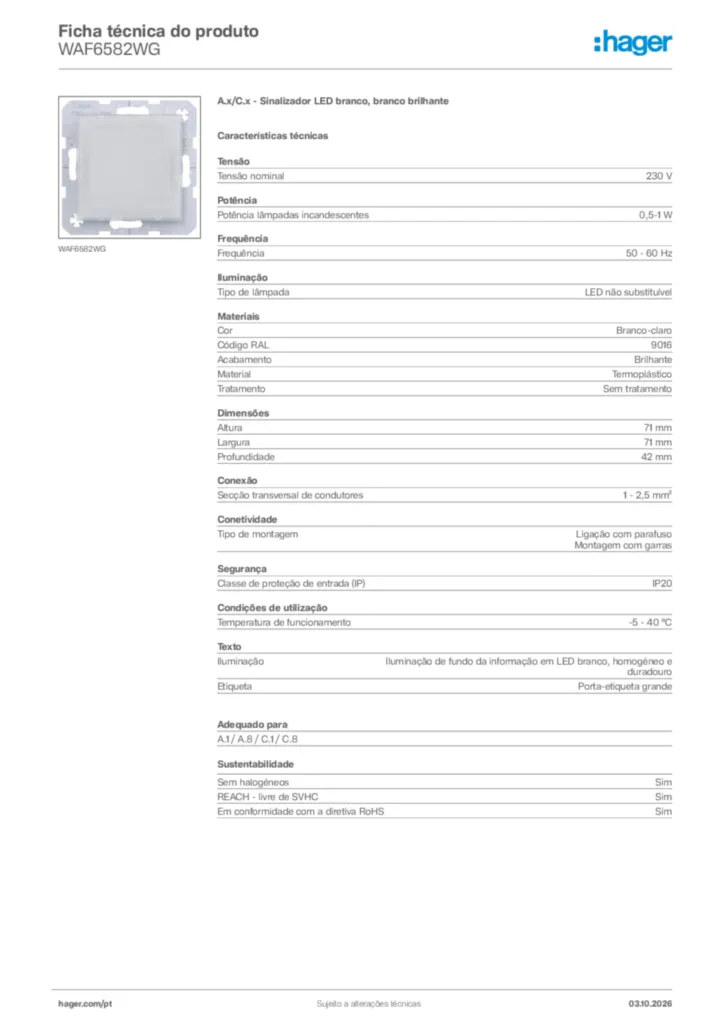 Imagem Hager Ficha técnica do produto WAF6582WG | Hager Portugal