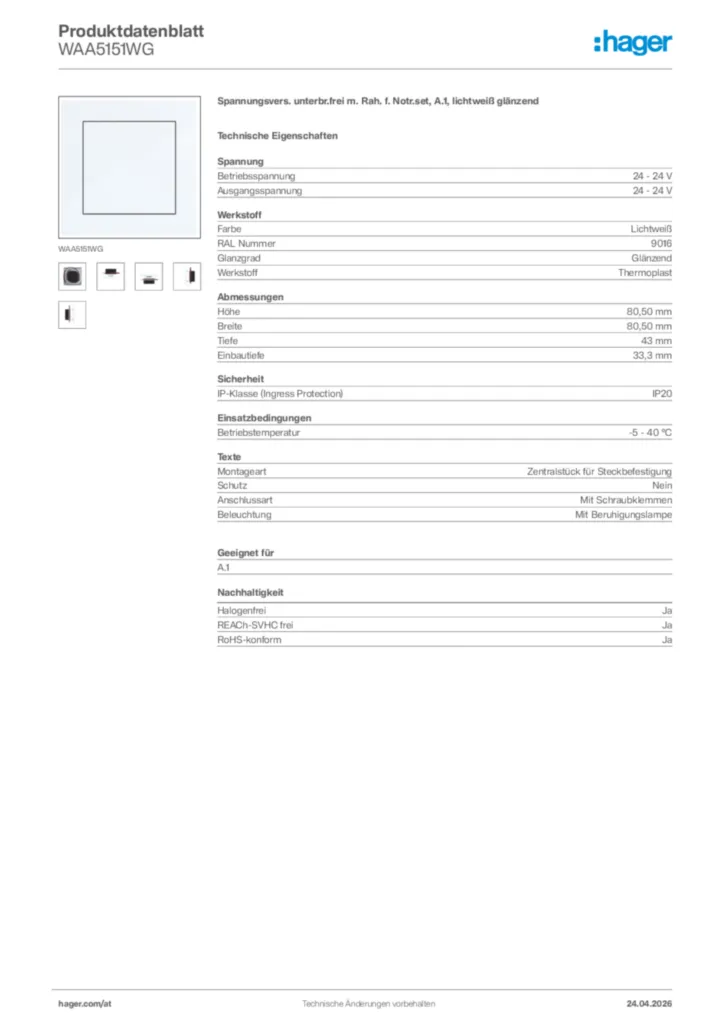Bild Hager Produktdatenblatt WAA5151WG | Hager Deutschland