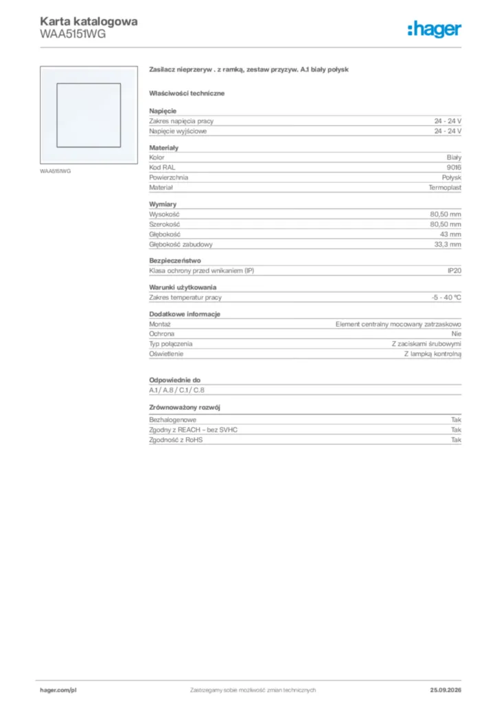 Zdjęcie Hager Karta katalogowa WAA5151WG | Hager Polska