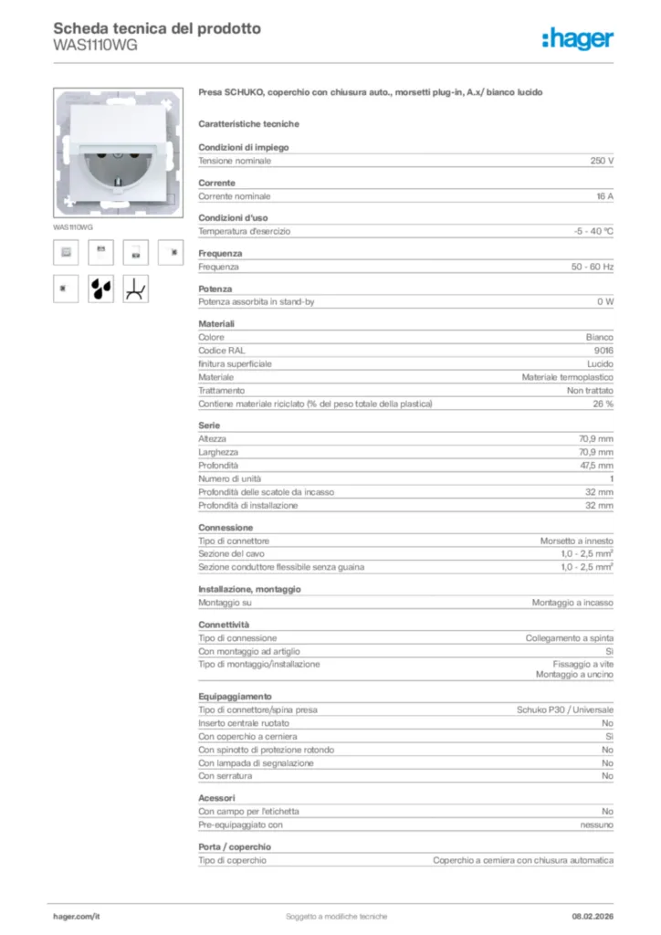 Immagine Hager Scheda tecnica del prodotto WAS1110WG | Hager Italia