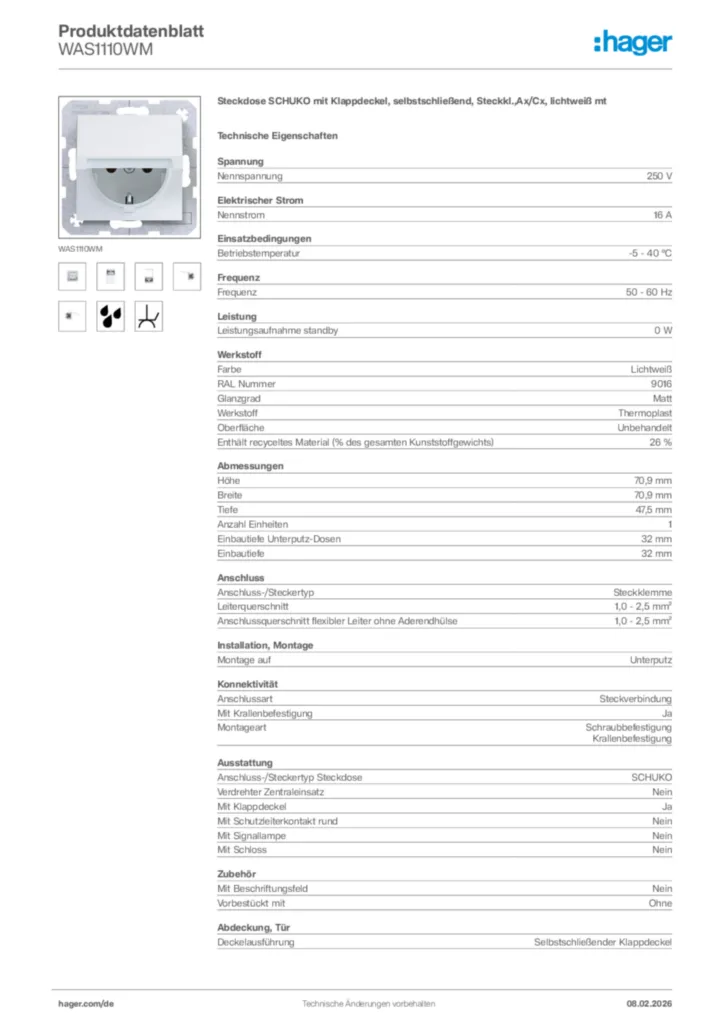 Bild Hager Produktdatenblatt WAS1110WM | Hager Deutschland