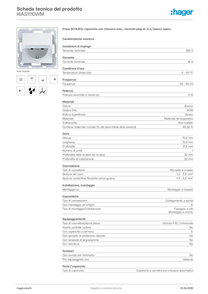 Immagine Hager Scheda tecnica del prodotto WAS1110WM | Hager Italia