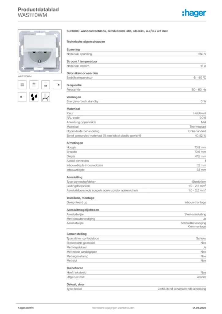 Afbeelding Hager Productdatablad WAS1110WM | Hager Nederland