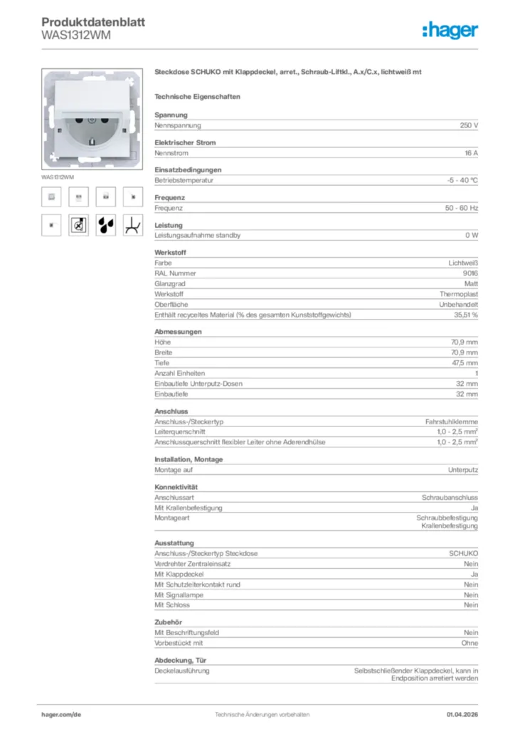 Bild Hager Produktdatenblatt WAS1312WM | Hager Deutschland