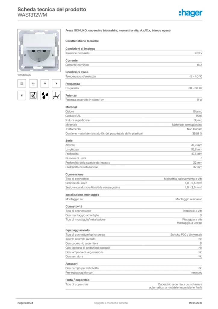 Immagine Hager Scheda tecnica del prodotto WAS1312WM | Hager Italia