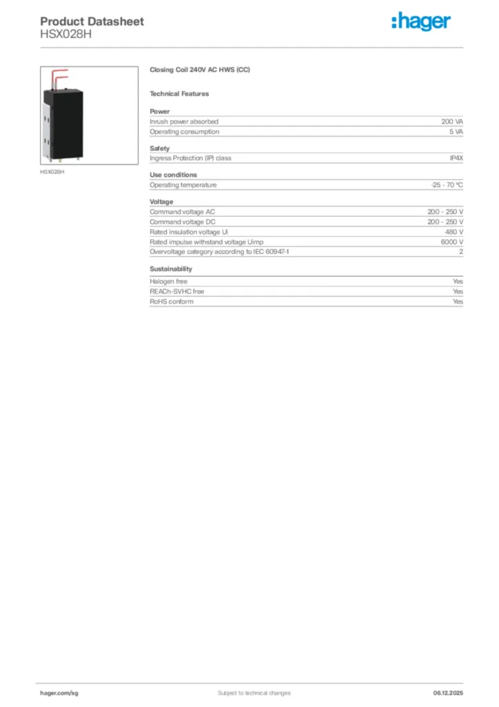 Image Hager Product data sheet HSX028H  | Hager