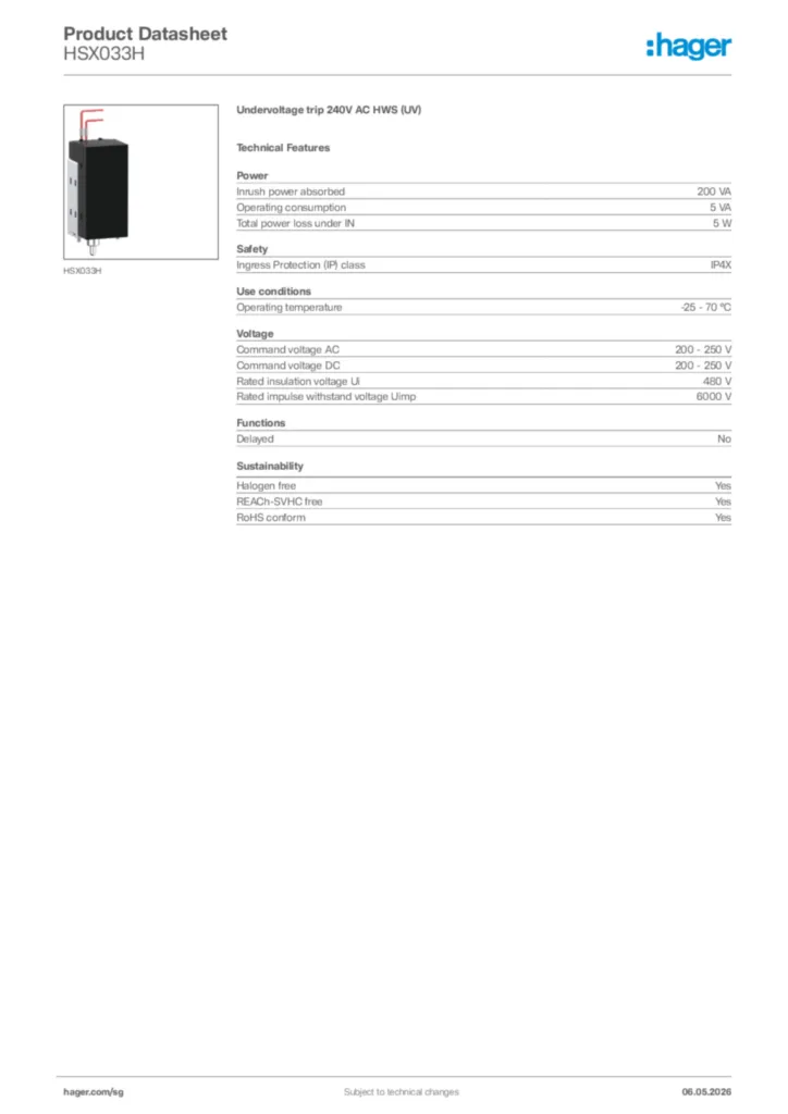 Image Hager Product data sheet HSX033H  | Hager