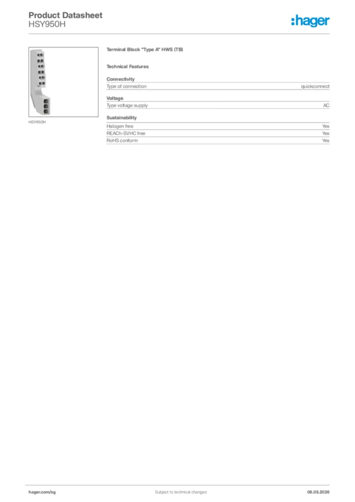 Image Hager Product data sheet HSY950H  | Hager