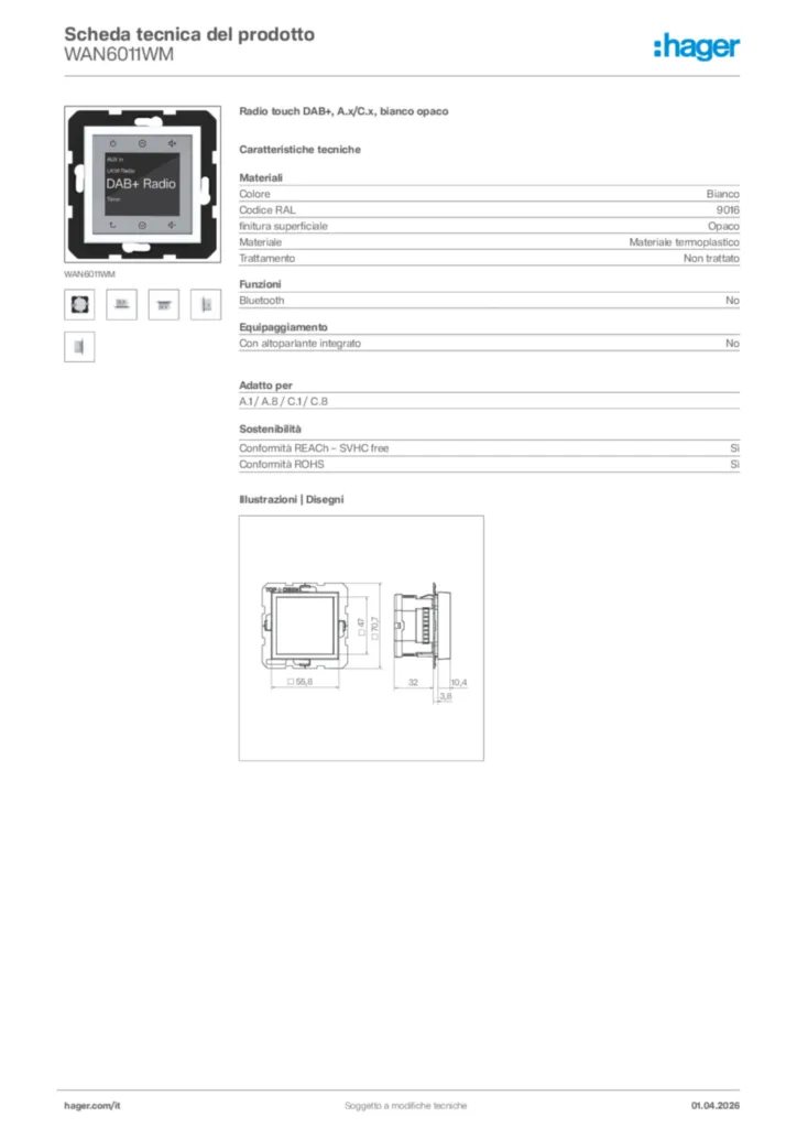 Immagine Hager Scheda tecnica del prodotto WAN6011WM | Hager Italia