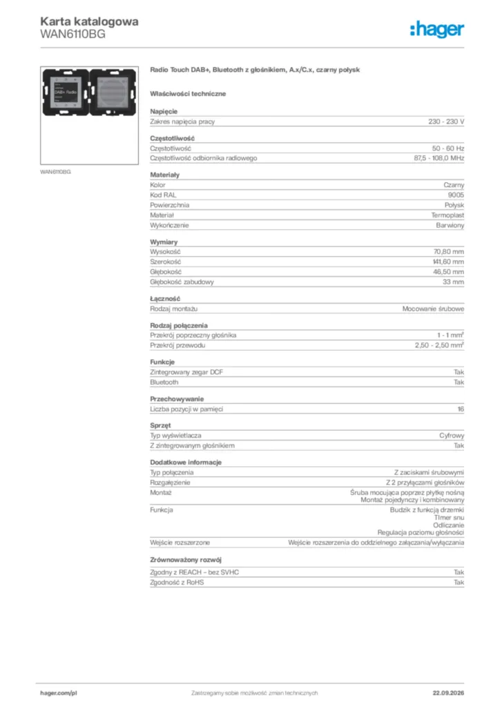 Zdjęcie Hager Karta katalogowa WAN6110BG | Hager Polska