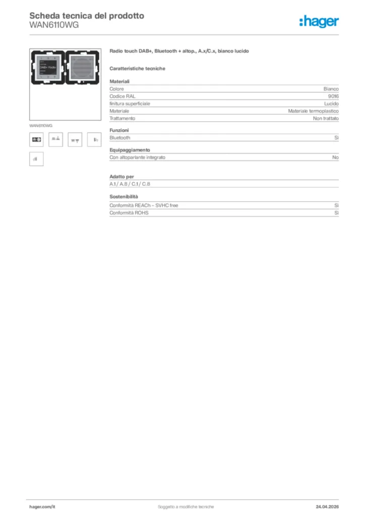 Immagine Hager Scheda tecnica del prodotto WAN6110WG | Hager Italia