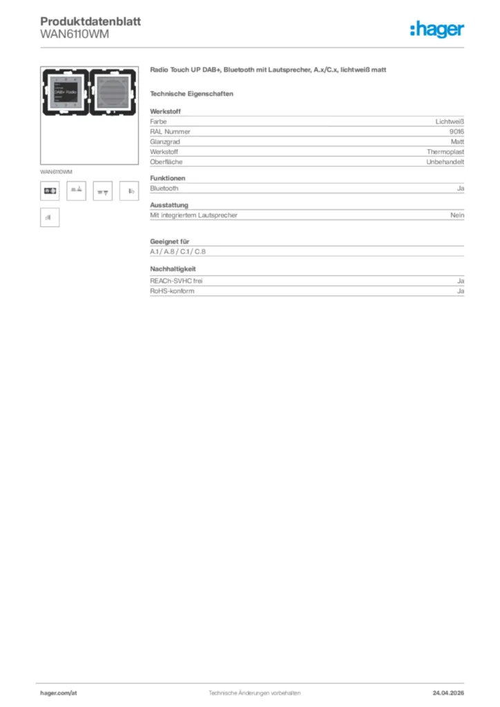 Bild Hager Produktdatenblatt WAN6110WM | Hager Deutschland