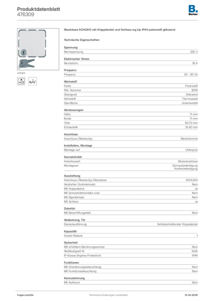 Bild Berker Produktdatenblatt 476309 | Hager Deutschland