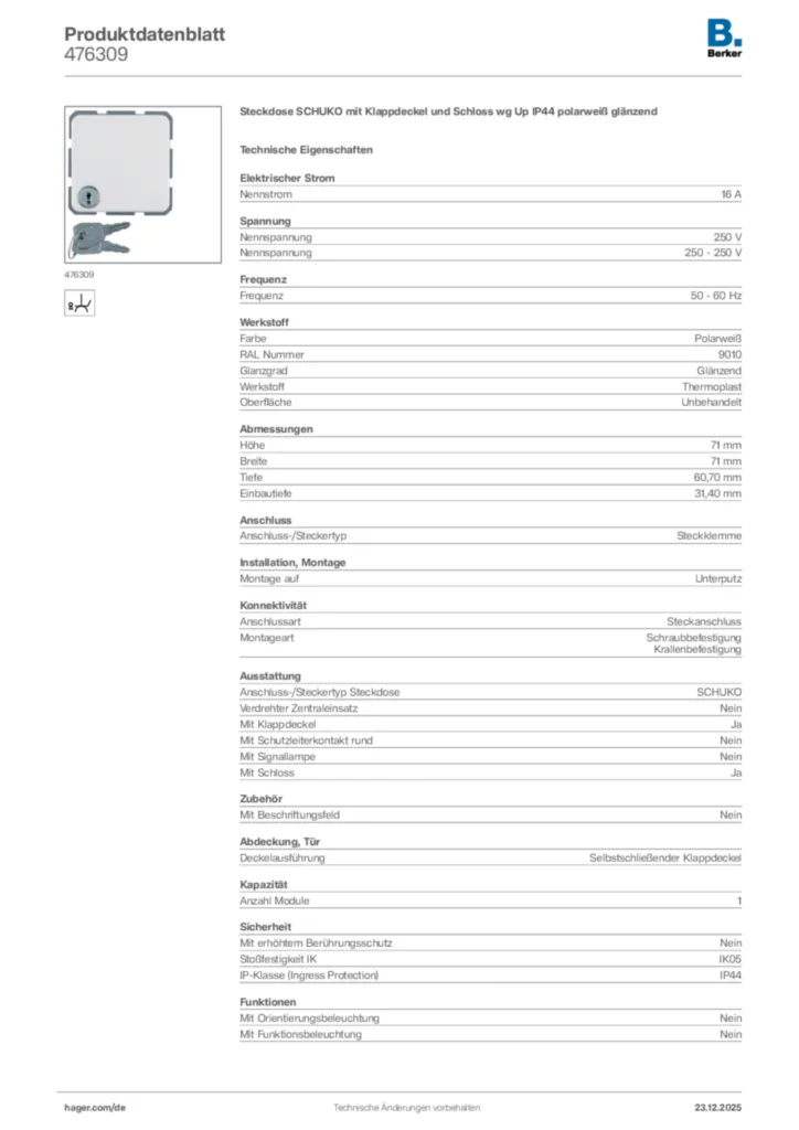 Bild Berker Produktdatenblatt 476309 | Hager Deutschland