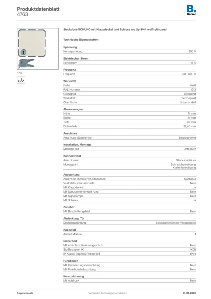 Bild Berker Produktdatenblatt 4763 | Hager Deutschland