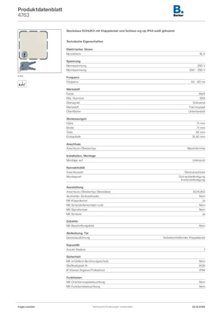 Bild Berker Produktdatenblatt 4763 | Hager Deutschland