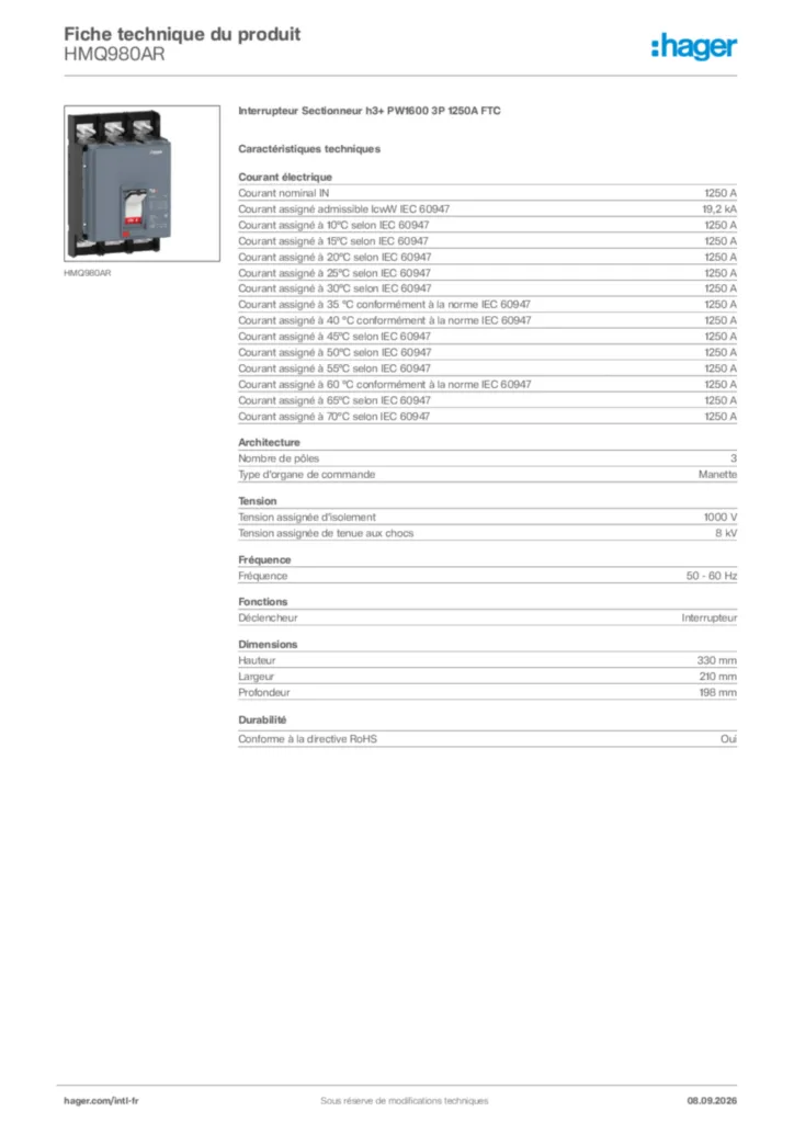 Image Hager Fiche technique du produit HMQ980AR | Hager Afrique