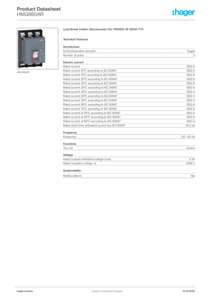 Image Hager Product data sheet HMQ980AR  | Hager Australia