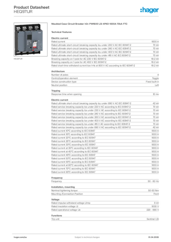 Image Hager Product data sheet HEQ971JR  | Hager Australia