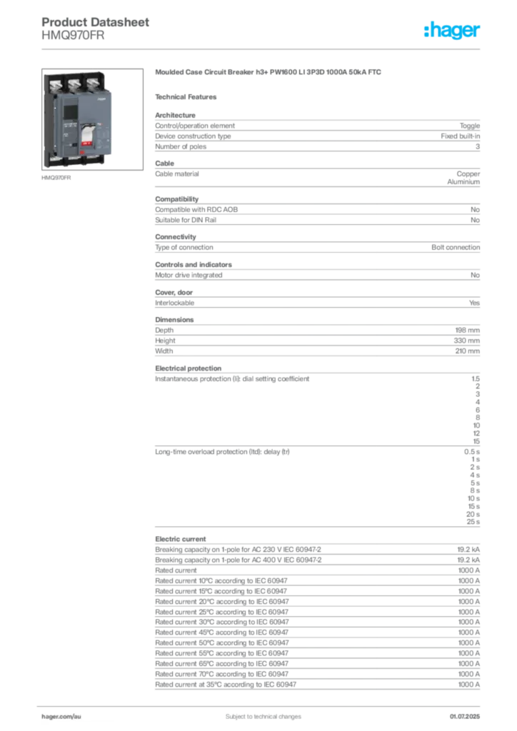 Image Hager Product data sheet HMQ970FR  | Hager Australia