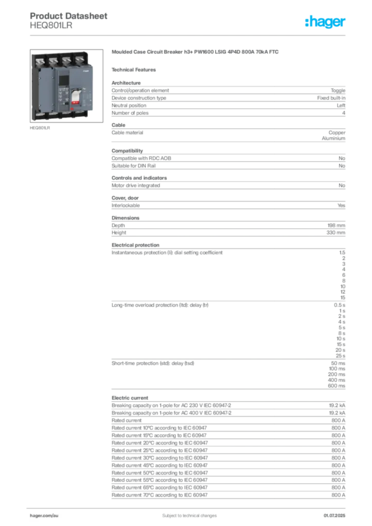 Image Hager Product data sheet HEQ801LR  | Hager Australia