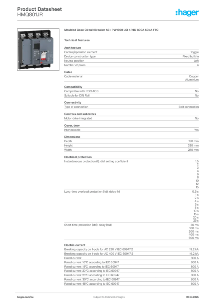 Image Hager Product data sheet HMQ801JR  | Hager Australia