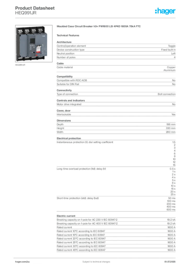 Image Hager Product data sheet HEQ991JR  | Hager Australia