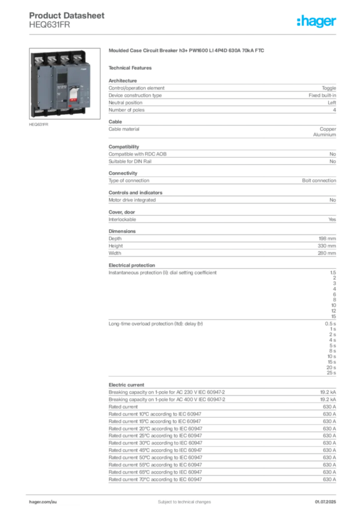 Image Hager Product data sheet HEQ631FR  | Hager Australia