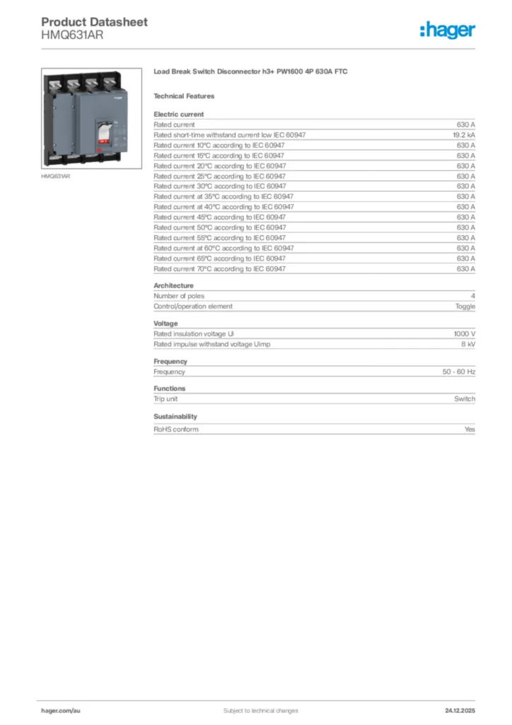 Image Hager Product data sheet HMQ631AR  | Hager Australia