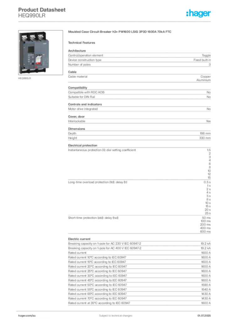 Image Hager Product data sheet HEQ990LR  | Hager Australia