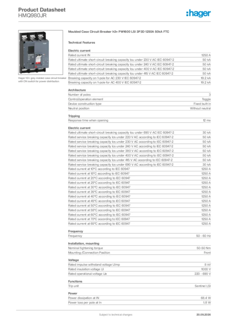 Image Hager Product data sheet HMQ980JR  | Hager Africa