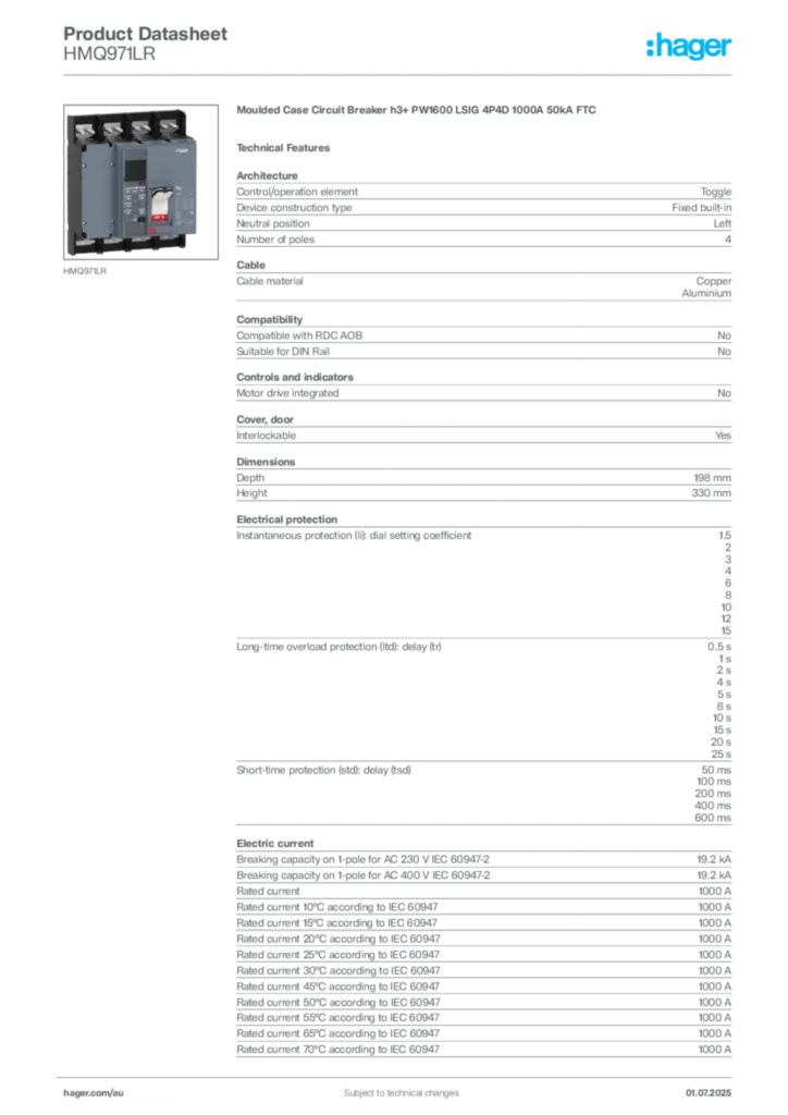 Image Hager Product data sheet HMQ971LR  | Hager Australia